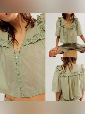 Free People Cropped Luna Blouse M Cottagecore Lace Embroidered Ruffle Green